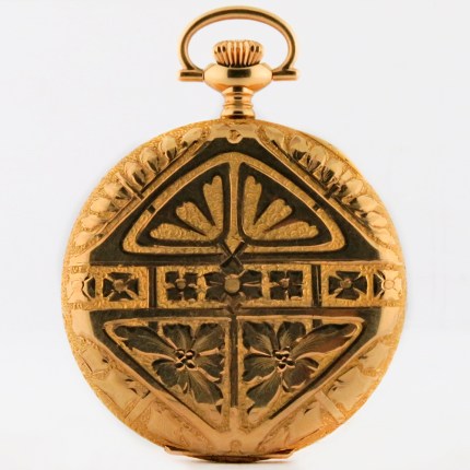 Highly ornate Waltham 14K Solid Gold Hunter Case Pocket Watch with Extra Fancy Art Deco Styled Geometric Patterns. 12-size 45mm, 65.6 grams, heirloom quality
