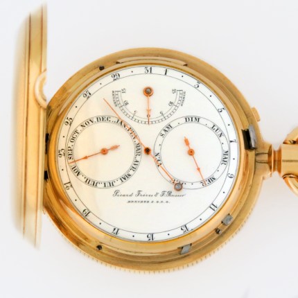 Swiss Picard Freres & F. Ruser 18K Solid Gold Dual Dial Triple Calendar with Special Dial-Mounted Fine Regulator Gauge Pocket Watch. Circa 1870-1880s. Extremely Rare and Top Grade, in Mint Condition.