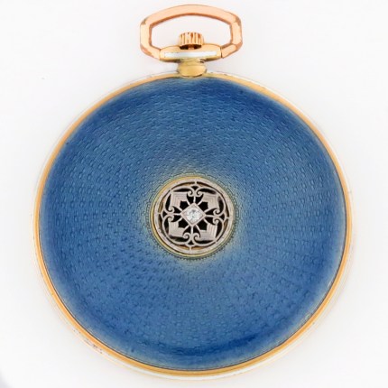 HAAS NEVEUX (SWISS) 18K 46mm Open Face Ultra-Thin Geneva Seal Enamel Guilloche Engine-Turned Case Yellow Gold. Superb aesthetic Art Deco pocket watch.