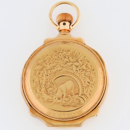 Waltham 14K Gold 18s Mod 1883 15j Box Hinge Hunter Case Deer / Elk Drinking 54mm Heavy Piece.