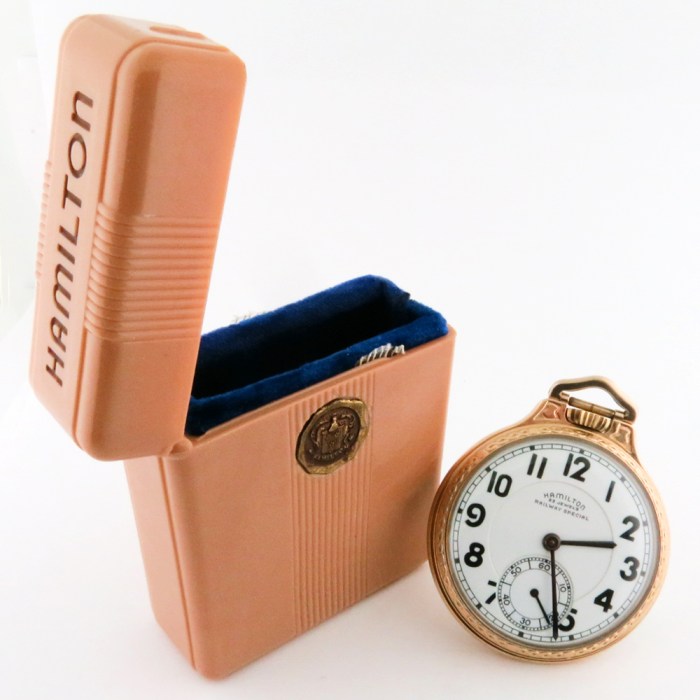 HAMILTON 16-Size 51mm Open Face 950B Railway Special 23j Enamel Dial Gold Filled Railroad Pocket Watch with Rare Original Brown Bakelite Box