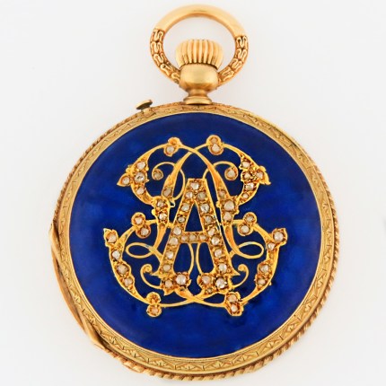 B. Haas Jne Swiss and French18K Yellow Gold Blue Enamel Demi-Hunter Pocket Watch w with Diamonds 39mm.