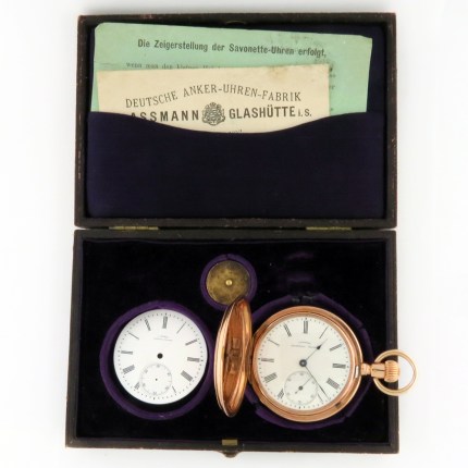 Rare Antique J. Assmann Glashütte 14K Rose Gold Hunter Case Pocket Watch from 1900s with Paillard’s Non-Magnetic Sprial Hairspring. 51mm. Full Set Box & Paper