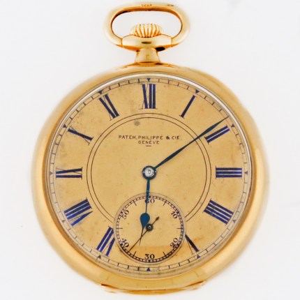 Rare Full Set Patek Philippe South American Antique Pocket Watch with Blue Text & Markers. Original Box & Paper from 1928, 48mm in Diameter and 18K Solid Gold.