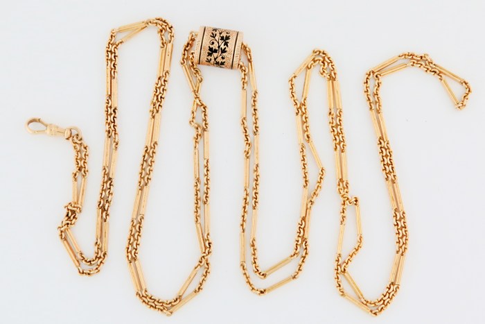 14K Yellow Gold Ladies Antique Extra Long Necklace & Watch Chain w/ Enamel Slide. 27.7”in / 70.3cm 33.5g total weigh. Mint Condition Chain.