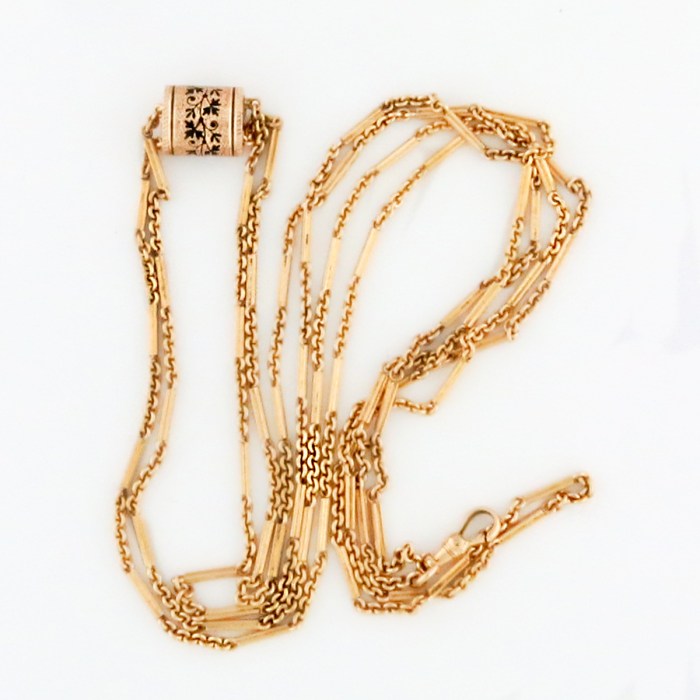 14K Yellow Gold Ladies Antique Extra Long Necklace & Watch Chain w/ Enamel Slide. 27.7”in / 70.3cm 33.5g total weigh. Mint Condition Chain.