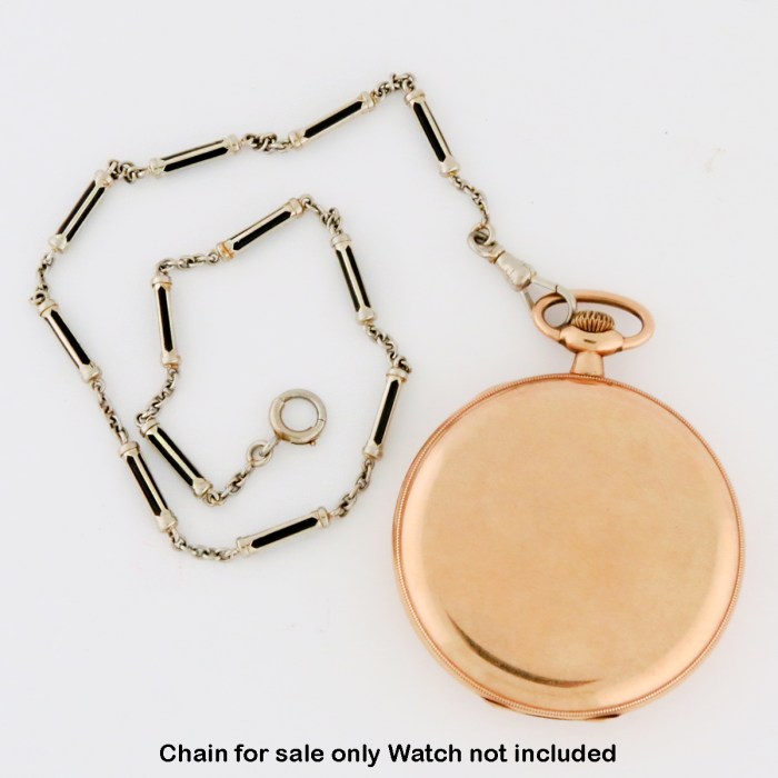 Scarce Vintage 18K White Gold Cylindrical Links Enamel Inlay Pocket Watch Chain for Men or Unisex. Good Condition. 12.8”in / 32.5cm 8.5g total weight.