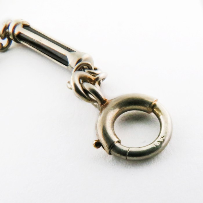 Scarce Vintage 18K White Gold Cylindrical Links Enamel Inlay Pocket Watch Chain for Men or Unisex. Good Condition. 12.8”in / 32.5cm 8.5g total weight.