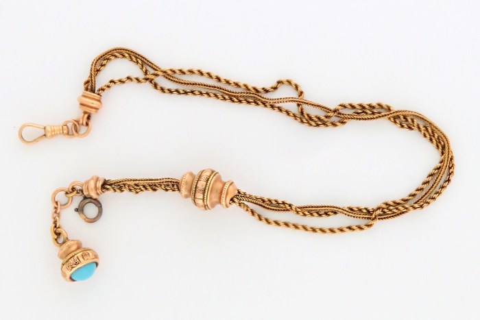 10K Yellow Gold Mens Antique Arabic/Turkish Motif Pocket Watch Chain w/slide. 11”in / 28cm 18.8g total weigh. Very stylish and well made antique PW chain