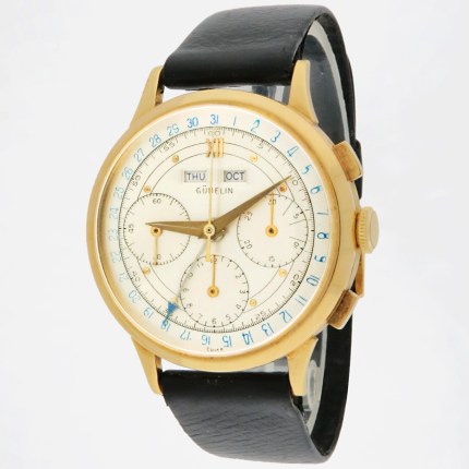 Rare Vintage E. Gübelin Swiss 18K Yellow Gold Valjoux 72C Triple Date Chronograph Oversized 37mm Mens Wristwatch. Triple Signed All Original.