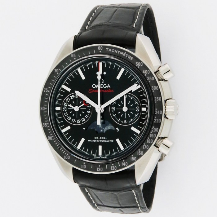 Current Model Omega Speedmaster Moonphase BLACK Master Co-Axial Cal.9904 Stainless Steel Ceramic Bezel Mens Wristwatch. Ref. 304.33.44.52.01.001. MSRP $11,200