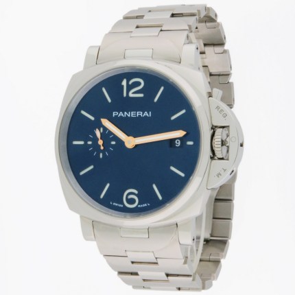 Panerai Luminor Due Blue Dial Automatic Stainless Steel Bracelet Mens Wristwatch. Model Reference PAM01142. This is a Current Model. Retail Price $8,100.