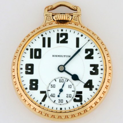 Hamilton Watch Company 16 Size 992E Elinvar Model 2 Double Sunk Dial Railroad Pocket Watch. 51mm, Yellow Gold Filled Bar-Over-Crown BOC. Minty Shape.
