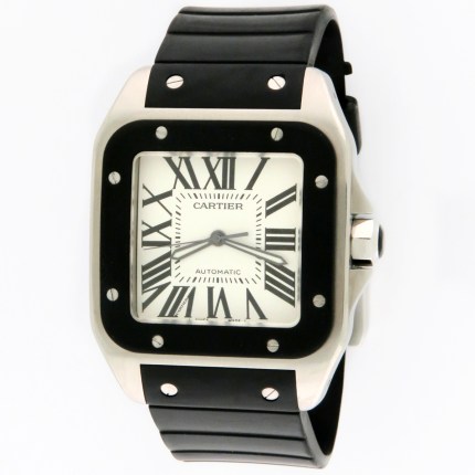 Cartier Santos 100 XL Mens Automatic Watch in Stainless Steel & Rubber. Model Ref W20121U2 Case reference is 2656. 38x38mm. MSRP $7350