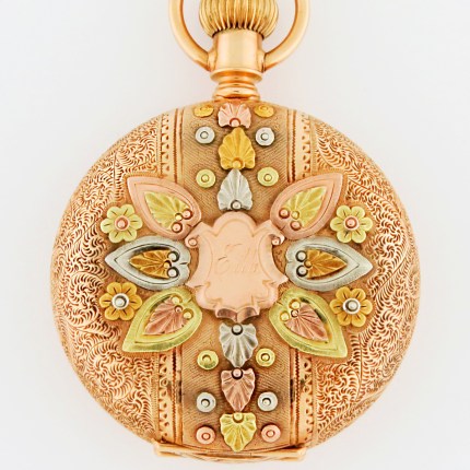 Gorgeous 6-Size Elgin 14K Solid Multi-Color Gold High Relief Extra Fancy Pocket Watch with Flowers and Leaves Adorned Hunter Case. 39.5mm / 60 grams.