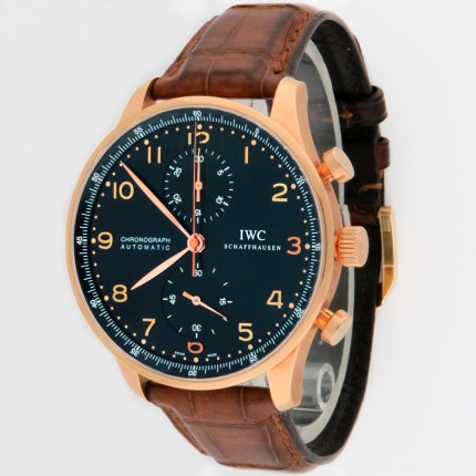 IWC 18K Rose Gold Portuguese / Portugieser Automatic Chronogarph Mens Wristwatch. 41mm Diameter, Model Reference IW371415. With Box & Manual Very Good Shape