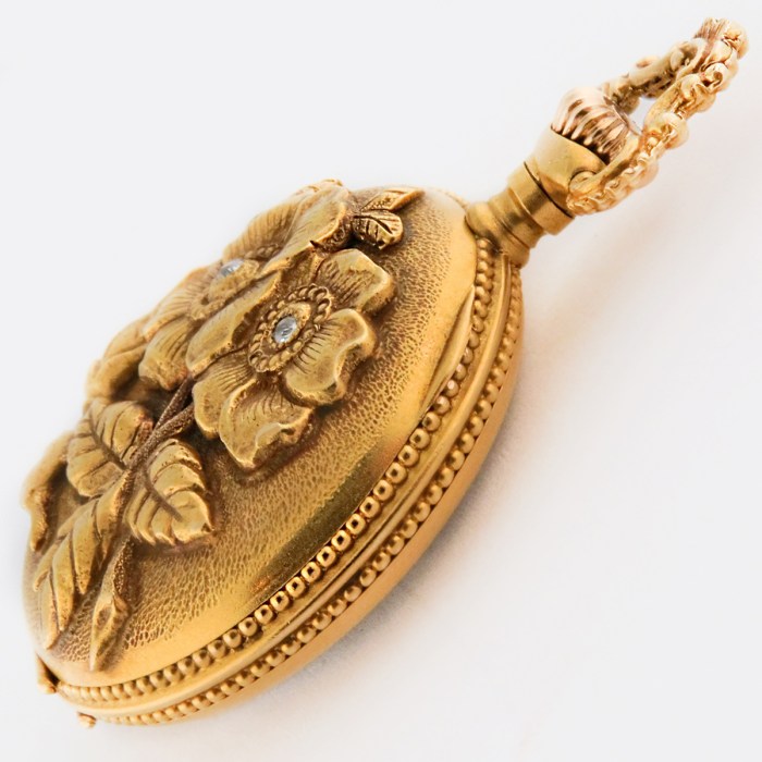 LADY ELGIN 14K 27mm Open Face Ladies High Relief Extra Fancy Floral Pendant Watch Yellow Gold Grade 255 Size 10/0. One of the fanciest Pendant Watches.