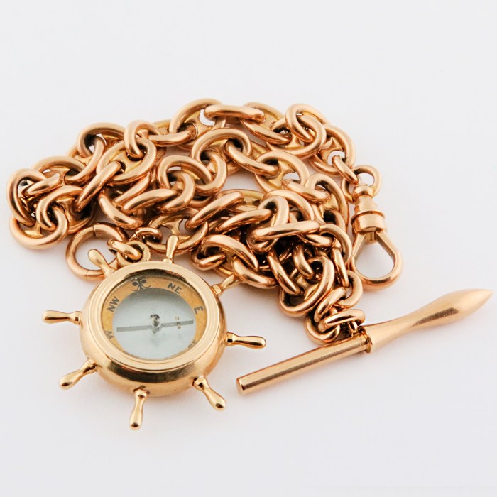 Extraordinary Rare 14K Yellow Gold Mens Antique Extra Heavy Maritime Naval Theme Anchor Links Torpedo T-Bar Pocket Watch Chain 13”in / 33cm 56.5g total weight.