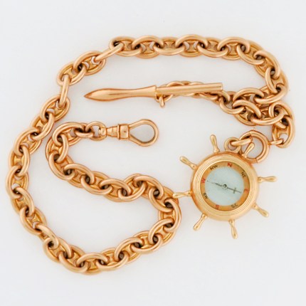 Extraordinary Rare 14K Yellow Gold Mens Antique Extra Heavy Maritime Naval Theme Anchor Links Torpedo T-Bar Pocket Watch Chain 13”in / 33cm 56.5g total weight.