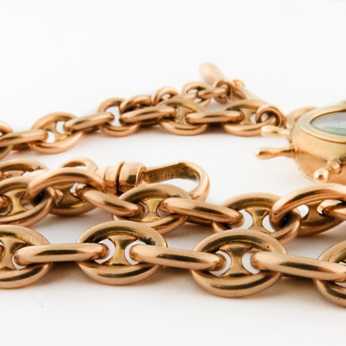 Extraordinary Rare 14K Yellow Gold Mens Antique Extra Heavy Maritime Naval Theme Anchor Links Torpedo T-Bar Pocket Watch Chain 13”in / 33cm 56.5g total weight.