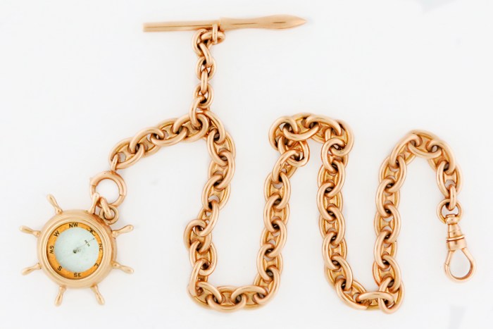 xtraordinary Rare 14K Yellow Gold Mens Antique Extra Heavy Maritime Naval Theme Anchor Links Torpedo T-Bar Pocket Watch Chain 13”in / 33cm 56.5g total weight.