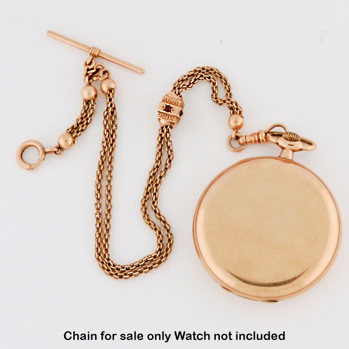 14K Solid Pink Gold Unisex Antique T-Bar Watch Chain with Slide Ornamented with Red Gemstones. 10.5” inches or 26.5cm, total weight 16.5g. Circa Pre-1900s