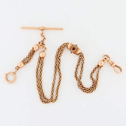 14K Solid Pink Gold Unisex Antique T-Bar Watch Chain with Slide Ornamented with Red Gemstones. 10.5” inches or 26.5cm, total weight 16.5g. Circa Pre-1900s
