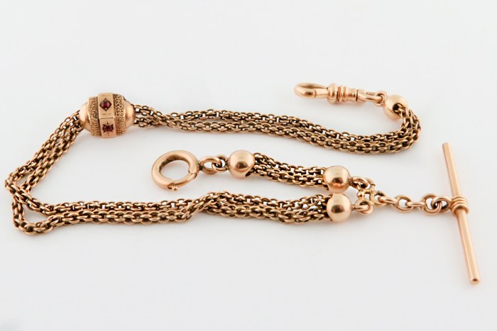 14K Solid Pink Gold Unisex Antique T-Bar Watch Chain with Slide Ornamented with Red Gemstones. 10.5” inches or 26.5cm, total weight 16.5g. Circa Pre-1900s