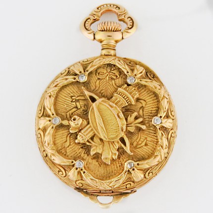 LONGINES 14K Yellow Gold 26mm Open Face Ladies High Relief Tambourine Bow & Torch Cupid Pendant Watch. From 1900s, in very good condition, a fantastic piece