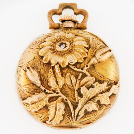 LONGINES 14K Yellow Gold 26.5mm Open Face Ladies High Relief Floral Sunflower Diamond Pendant Watch. From 1900s, in very good condition, a fantastic piece