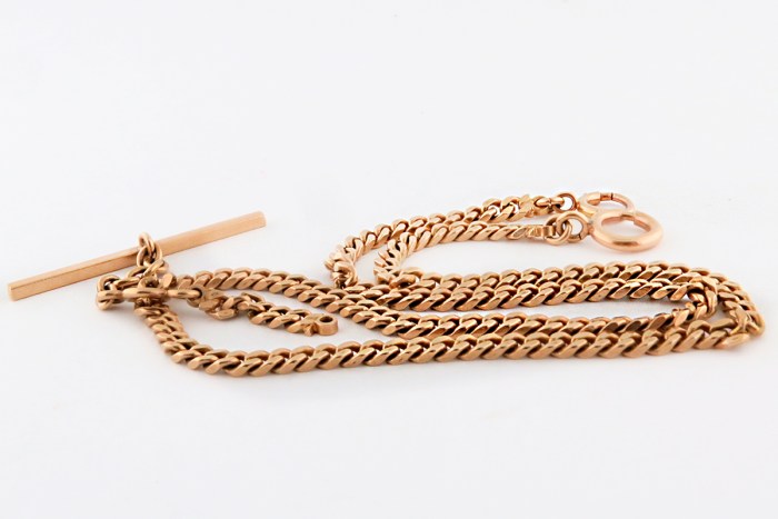 Excellent 14K Yellow Gold Mens Antique Double Albert T-Bar Flat Links Pocket Watch Chain 14.8”in / 37.5cm 21.2g total weight. Pre-1910s