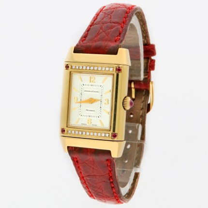 Jaeger-LeCoultre Ref 265.1.86 18K Yellow Gold Reverso 'Joaillerie' Diamond & Ruby Ladies Watch. 20.5x33mm. Mechanical Hand Wind with 18KY Buckle and Box