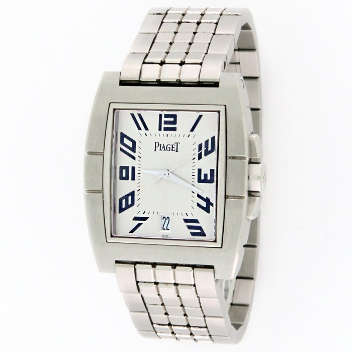 Piaget Mens Upstream White Dial Automatic Bracelet Watch in Stainless Steel with Patented Top Lugs-Open/Close Mechanism. Model Reference is 27050 / P10023