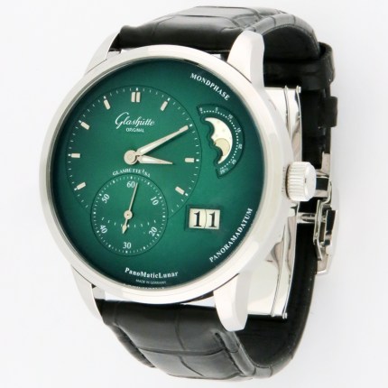 Current Model Green Dial Glashutte Original PanoMaticLunar in Stainless Steel. Model reference is 1-90-02-13-32-62. 40mm, In-House Caliber 90-02. MSRP $12400