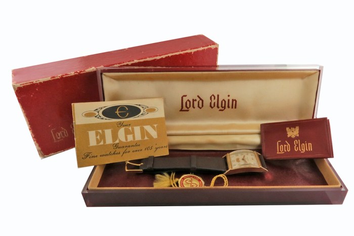Lord Elgin 14K Solid Gold Vintage Mens Watch Cal.670 Fisher Body Co Presentation with Full Set Box and Accessories. 21x36mm. From early 1950s.