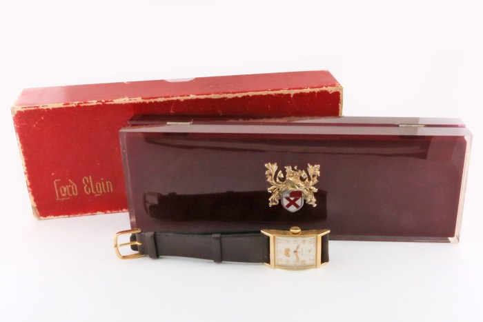 Lord Elgin 14K Solid Gold Vintage Mens Watch Cal.670 Fisher Body Co Presentation with Full Set Box and Accessories. 21x36mm. From early 1950s.