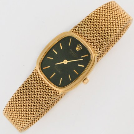 ROLEX Ladies 18K Yellow Gold Cellini Tonneau Barrel Shaped Mesh Bracelet Mechanical Watch 22x24mm 55.7g. Ref.3998.