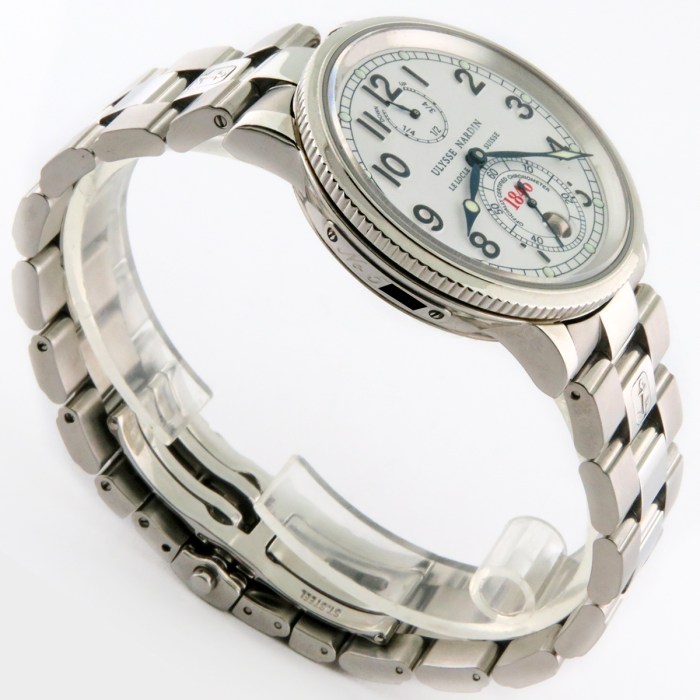 Ulysse Nardin Marine Chronometer 1846 Stainless Steel Bracelet Mens Wristwatch. Original White Dial with Blue Arabic Numerals. Ref 263-22/33. Diameter 38mm