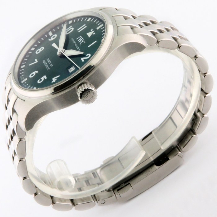Current Model IWC Pilot’s Watch Green Dial Automatic Bracelet Men Watch 40mm Stainless Steel Case. Model reference is IW328206. MSRP $6,800