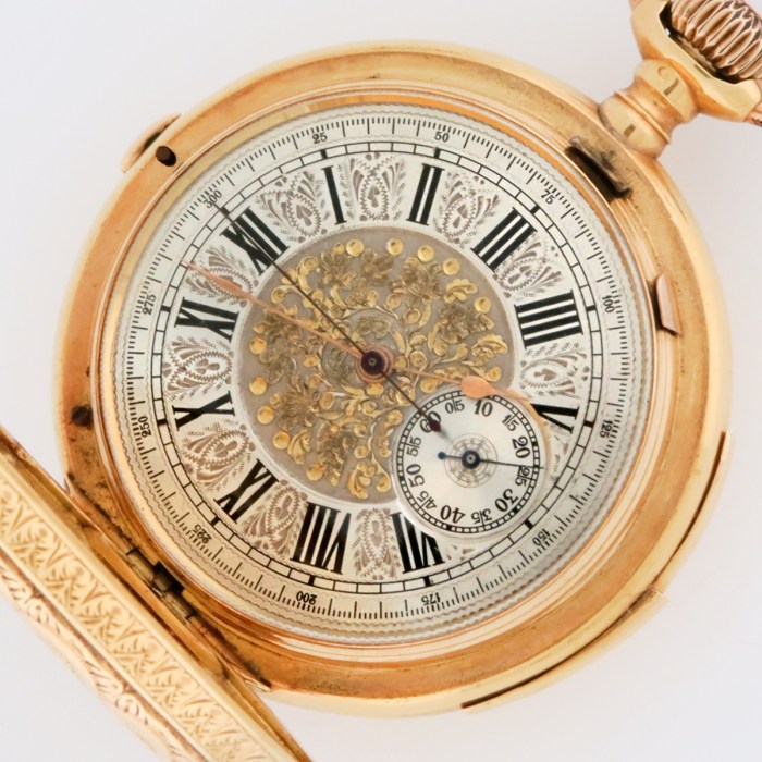 Super Fancy Antique LeCoultre & Co Top Grade Minute Repeater Chronograph Hunter Pocket Watch with Fully Guilloche Engine-Turned Case. Hammers Jeweled. 151.3g