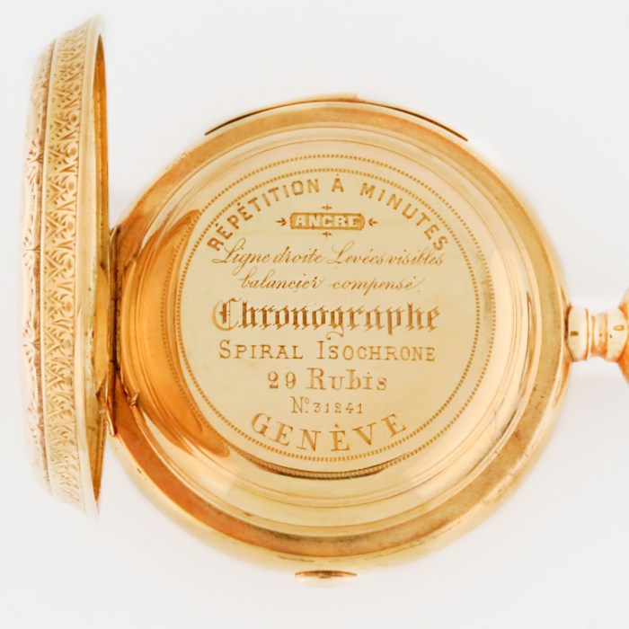 Super Fancy Antique LeCoultre & Co Top Grade Minute Repeater Chronograph Hunter Pocket Watch with Fully Guilloche Engine-Turned Case. Hammers Jeweled. 151.3g