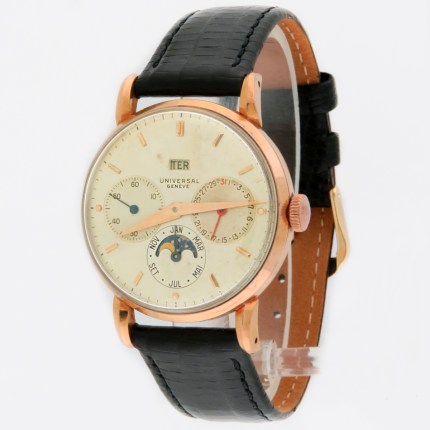 UNIVERSAL GENVE Ref.11305 18K Pink Gold Vintage Mens Triple Calendar Moonphase Hand Wind Cal.291 34.5mm Watch. 100% Original, Amazing Classic and Scarce.