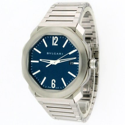 Bvlgari OCTO ROMA 'Octoma' Blue Dial SS Automatic Bracelet Mens Watch. Ref 102856 / OC41S. Manufacturer’s Suggested Retail Price (MSRP) is $7,200.