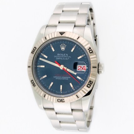 ROLEX 116264 Mens SS Datejust Turn-O-Graph Blue Dial White Gold Bezel Rehaut Z-Serial Thunderbird Stainless Steel 36mm. Long Bracelet, Great Condition.