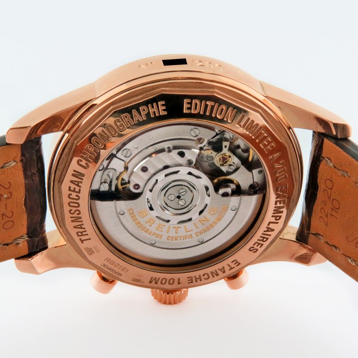 BREITLING 18K Rose Gold Mens Transocean Chronograph Limited Edition 200pcs 43mm. Ref. RB015112/G716-737P. Heavy 150g total weight. Retail Price (MSRP) $20,965