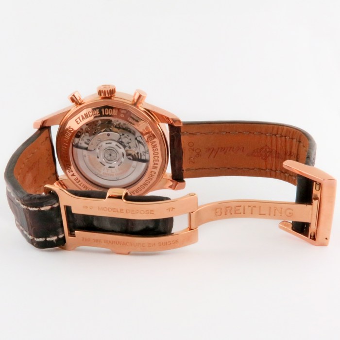 BREITLING 18K Rose Gold Mens Transocean Chronograph Limited Edition 200pcs 43mm. Ref. RB015112/G716-737P. Heavy 150g total weight. Retail Price (MSRP) $20,965