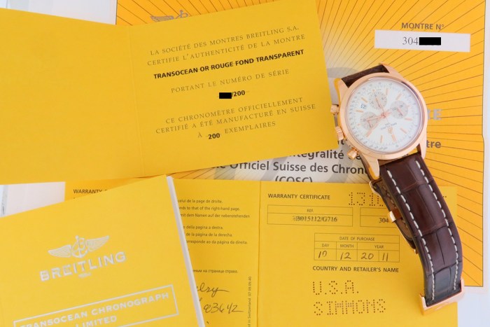 BREITLING 18K Rose Gold Mens Transocean Chronograph Limited Edition 200pcs 43mm. Ref. RB015112/G716-737P. Heavy 150g total weight. Retail Price (MSRP) $20,965