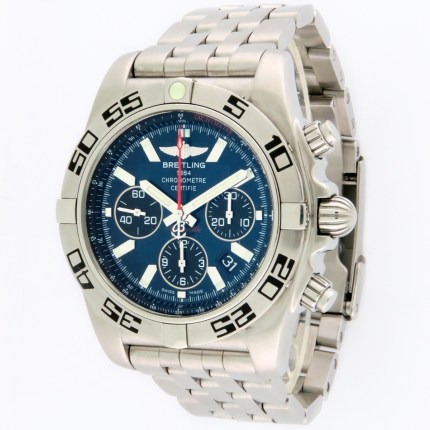 BREITLING Mens Chronomat 44 Flying Fish Blackeye Blue Dial Chronograph 44mm Stainless Steel Wristwatch. Very Good Condition Ref. AB011610 MSRP $9,060