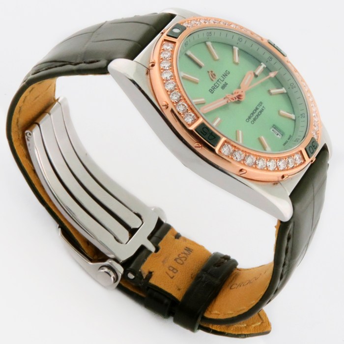 CURRENT MODEL BREITLING Mens/Unisex Super Chronomat 38 Green Dial 18K Rose Gold Diamond Bezel Automatic Wristwatch SS 38mm. U17356531L1P1 MSRP $13,800