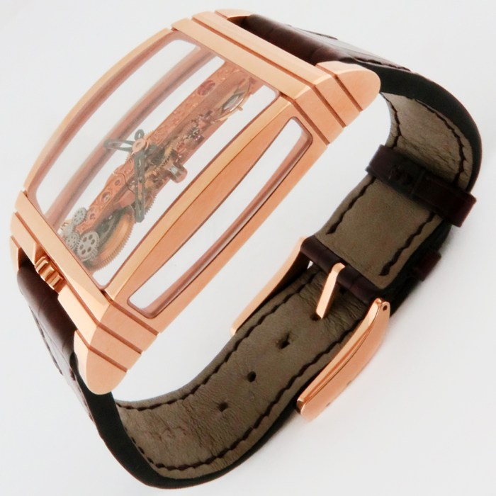 Luxurious Corum Golden Bridge 50th Anniversary Mechanical 18K Rose Gold Mens Watch. Full Set Boxes and Papers. Reference 113.550.55F. Retail Price $35,600.